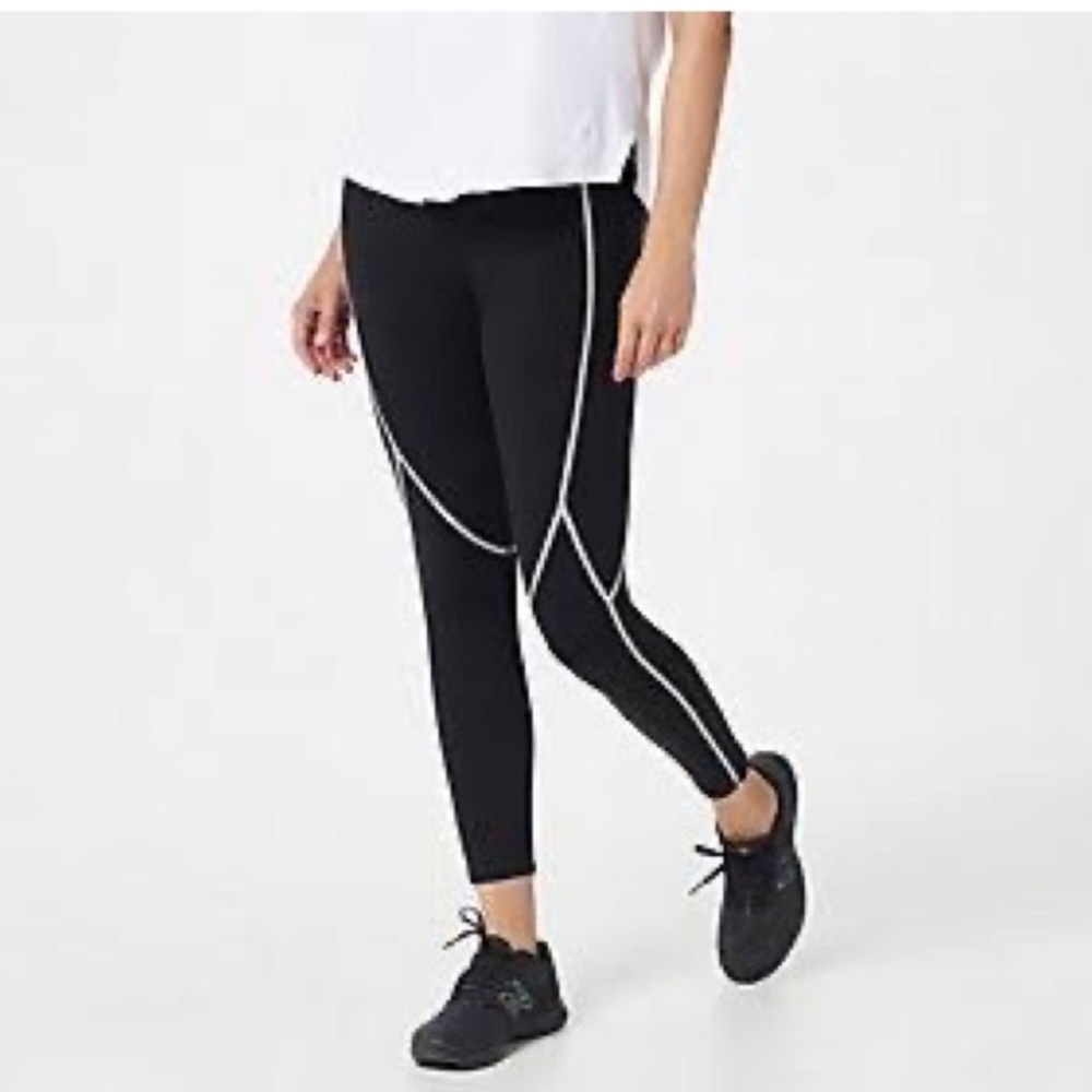 ZUDA Women’s Leggings Z-Stretch Reflective Cover stitch navy + white new no tags